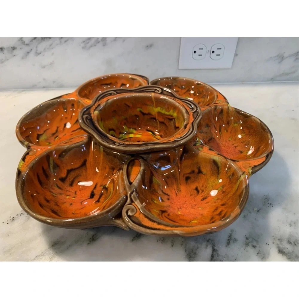 Vintage 1960's California Orig. Pottery Relish Veggie Chip Dip 3 Sections #1192